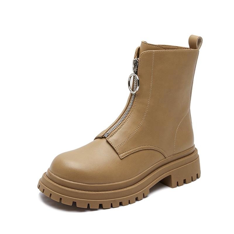 

British style platform leather Martin boots women s 2025 new autumn front zipper heightened thick heel thin short boots women s boots 40