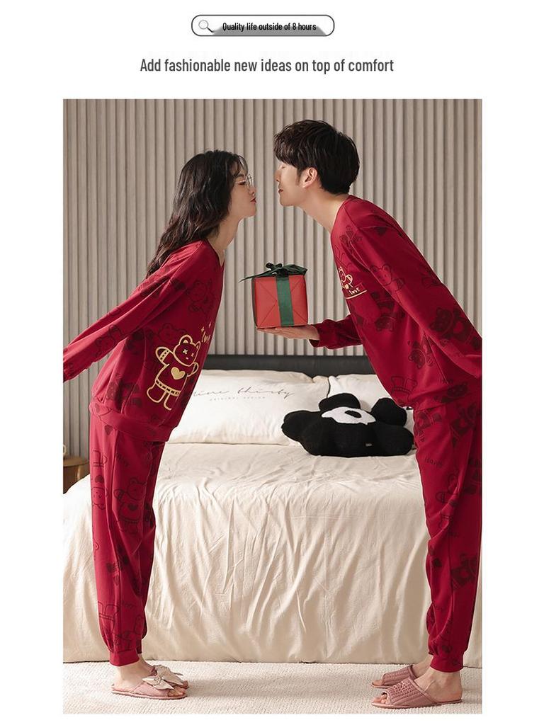Newlywed Red Long Sleeve Cotton Couple Pajamas - Spring/Autumn Style