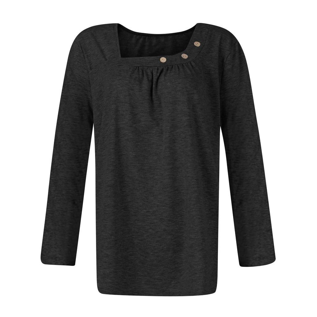 Long Sleeve Blouses For Women Casual O-Neck Button Down Shirt Solid Blouse Tops Loose Fit Fall Shirt Top