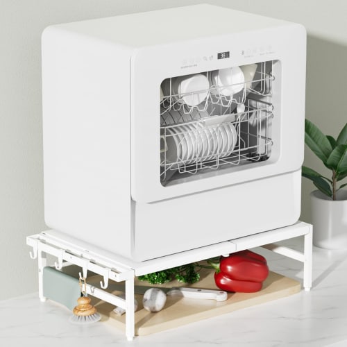 TKUIN Dishwasher Rack, 38-60cm W x 46cm D x 17cm H, Extendable Dishwasher Rack, Over-the-Sink Storage, Heavy-Duty Dishwasher Stand, 60kg Load Capacity