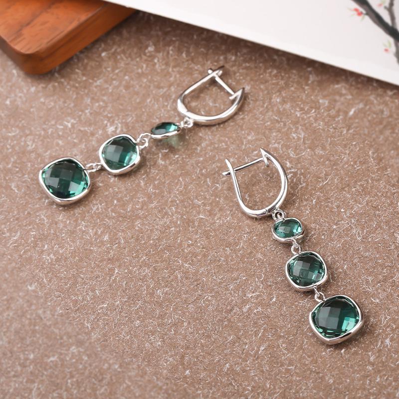 Silver Green Crystal Dangle Earrings: Minimalist Long Style for Women, European American Touch, Perfect Christmas Jewelry