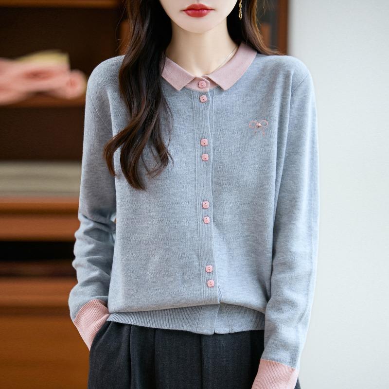 Autumn New Color Block Polo Collar Wool Sweater Women's Slim Simple Woolen Cardigan