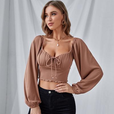 Sexy Slim-fit Low-cut Open-button Shirt Short Top, Lantern Sleeve Drawstring, Fungus Edge Knitted Long-sleeved T-shirt
