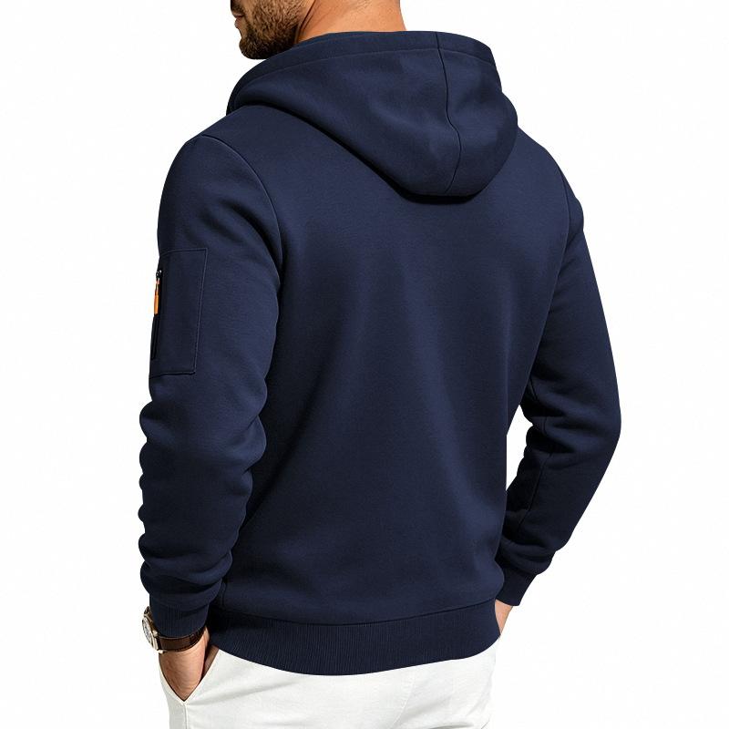 Men's Solid Zip‑Up Hooded Sweatshirt Casual Drawstring Hoodie Jacket Long Sleeve Arm Pocket Sports Outerwear for Male