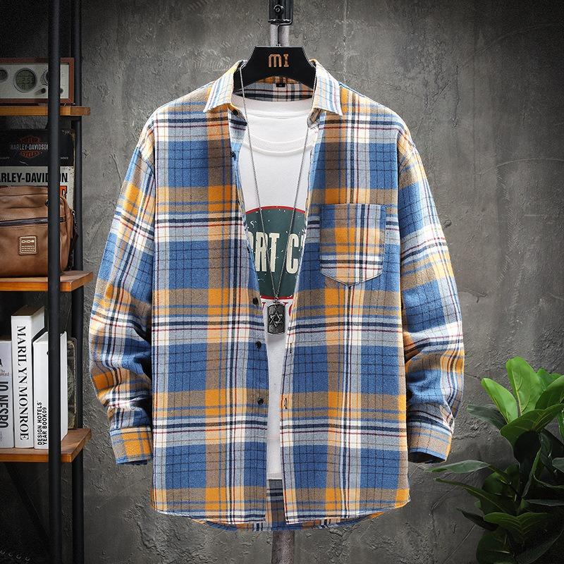 Men Casual Loose Plaid Turn Down Collar Long Sleeve Fashion Shirt