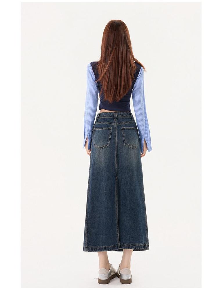 American Retro High Waist A-Line Denim Skirt with Slit and Patchwork - Spring 2026 Collection
