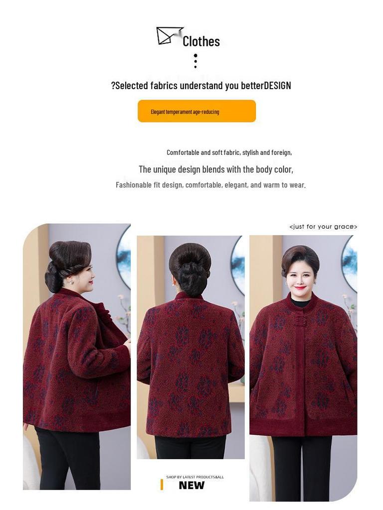 Stylish Plus Size Fleece-Lined Jacket for Middle-Aged and Elderly Women, Warm Cardigan for Moms, Fits Up To 200 Jin
