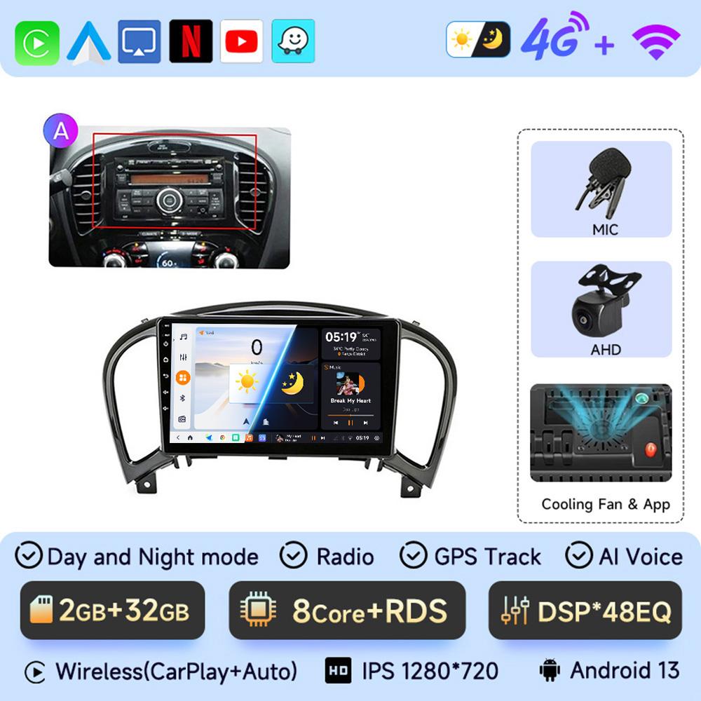 JIUYIN Android 13 Wireless CarPlay Android Auto Radio for Nissan Juke YF15 2010 2011 2012-2014 4G Car Multimedia GPS 2din