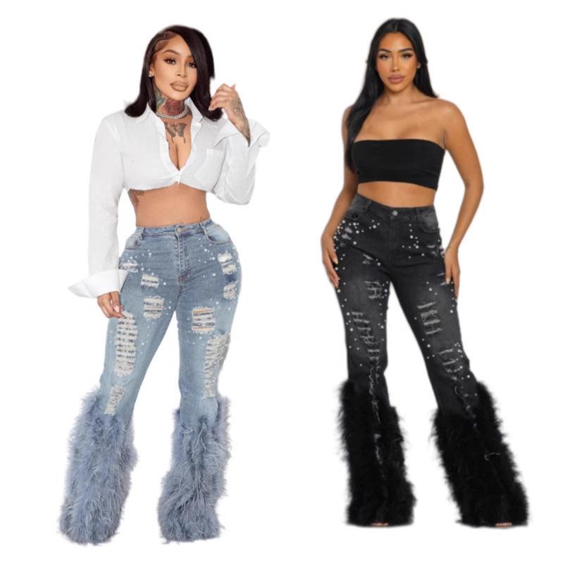 

European & American Fashion Casual Beaded Jeans with Long Fringe Medium синий