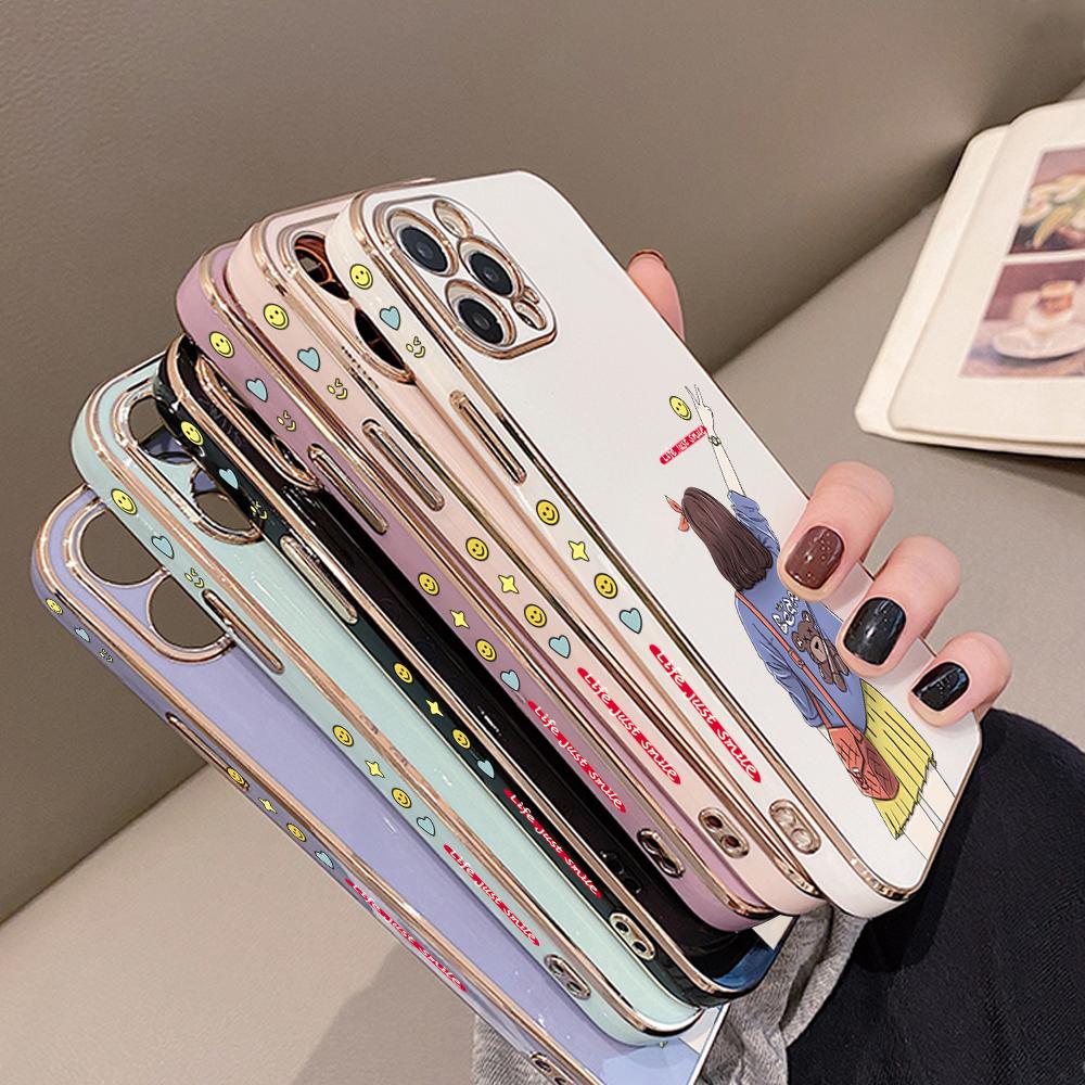 Cartoon Lovely Girl Plating Phone Case for iPhone 11 13 15 Samsung Galaxy A52 Xiaomi Redmi 12C Note 10 Pro Oneplus Soft Smartphone Cover Cases
