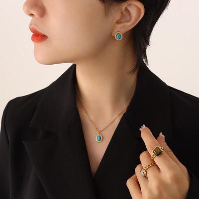 Bohemian Retro Turquoise Cat's Eye Necklace & Earrings Set