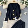 Autumn Winter Women Casual Knitted Sweater Trouser Two Piece Set Big Gold Button Single Breasted Jacket Tops and Elastic Waist Pant Tracksuit