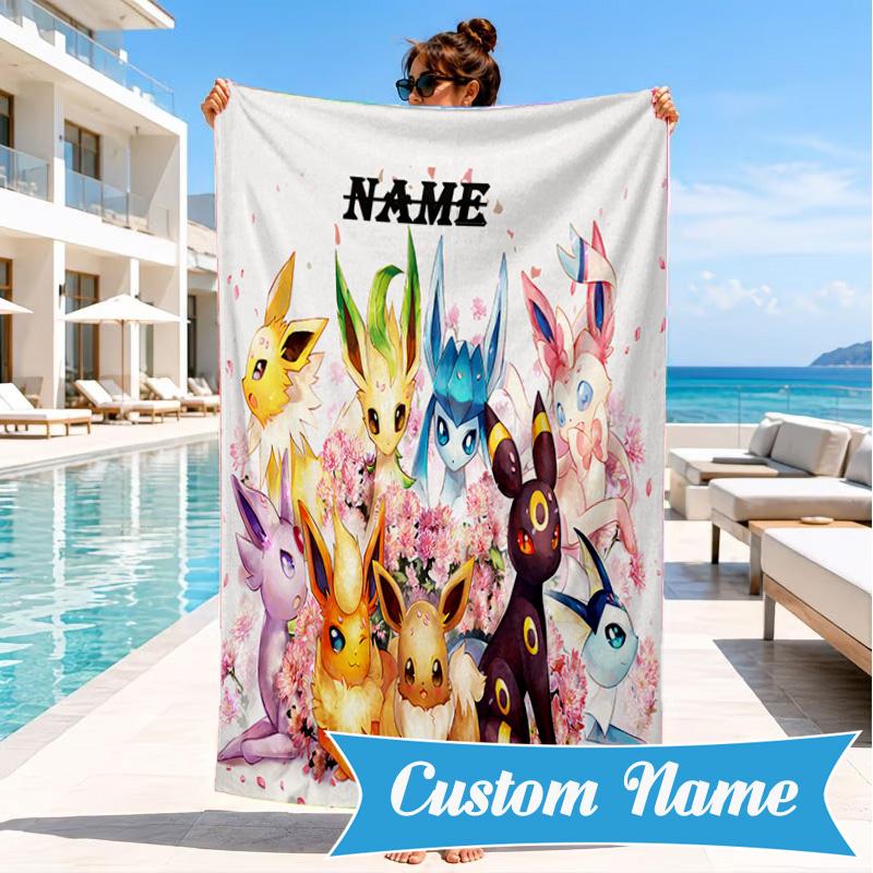 Custom Name Beach Towel Eevee Evolution Microfiber Beach Towel Super Soft & Absorbent for Bath, Beach, Travel  Bath Time Accessory, Fan Gifts