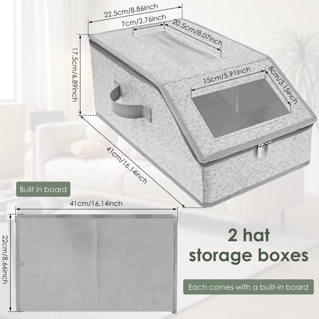 2Pcs Foldable Zipper Baseball Cap Storage Box Non Woven Fabric Baseball Cap Organizer With Clear Window for Clothes Hats