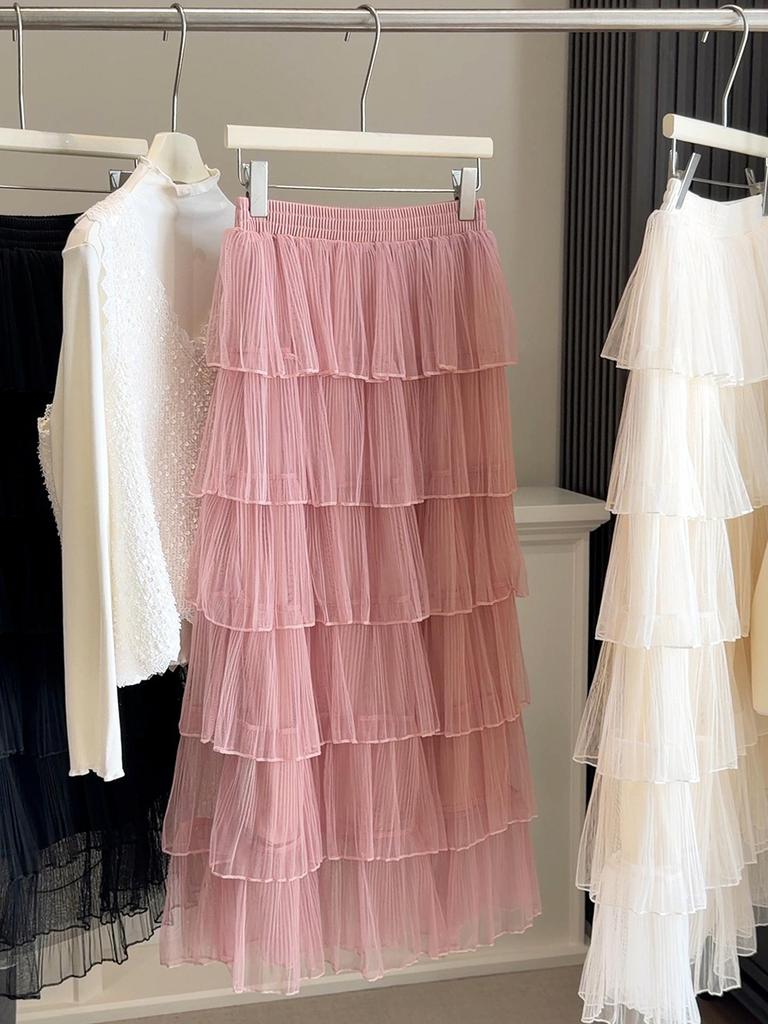 Korean Mesh Layered High-Waisted Mid-Length Skirt for Women - Elegant and Flowy Spring 2026 Collection
