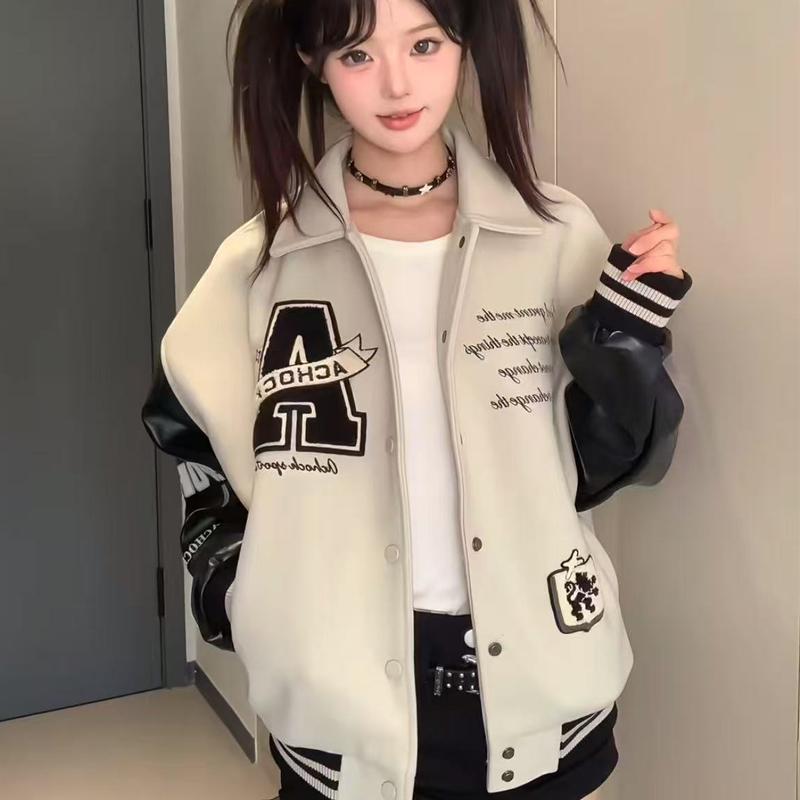 

PU Leather Embroidered Retro Baseball Jacket - Women s Spring/Autumn Stand-Up Collar Flight Coat M
