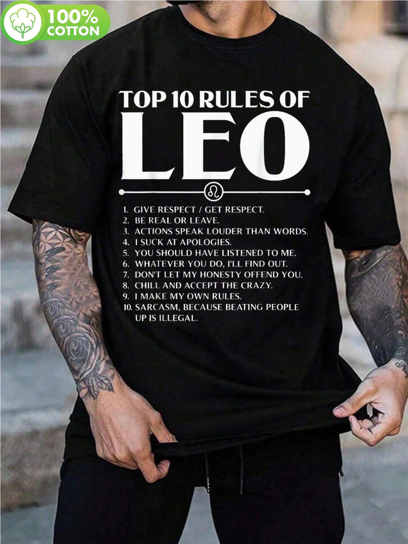Leo Zodiac Cotton Tshirt - Top 10 Rules of Leo Graphic Print L