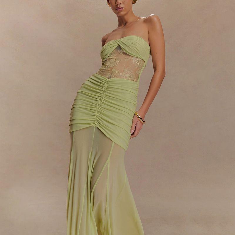 Europe and America Cross Border 2025 Summer New Arrival Sleeveless Tube Top Long Dress Sexy Sexy Ruched Cut Out Silm Dress