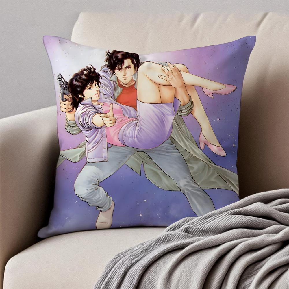 Japanese Manga CCity Hunter Cushion Cover Pillowcase Antidustmite Invisible Zipper Short Plush Sofa Cushion