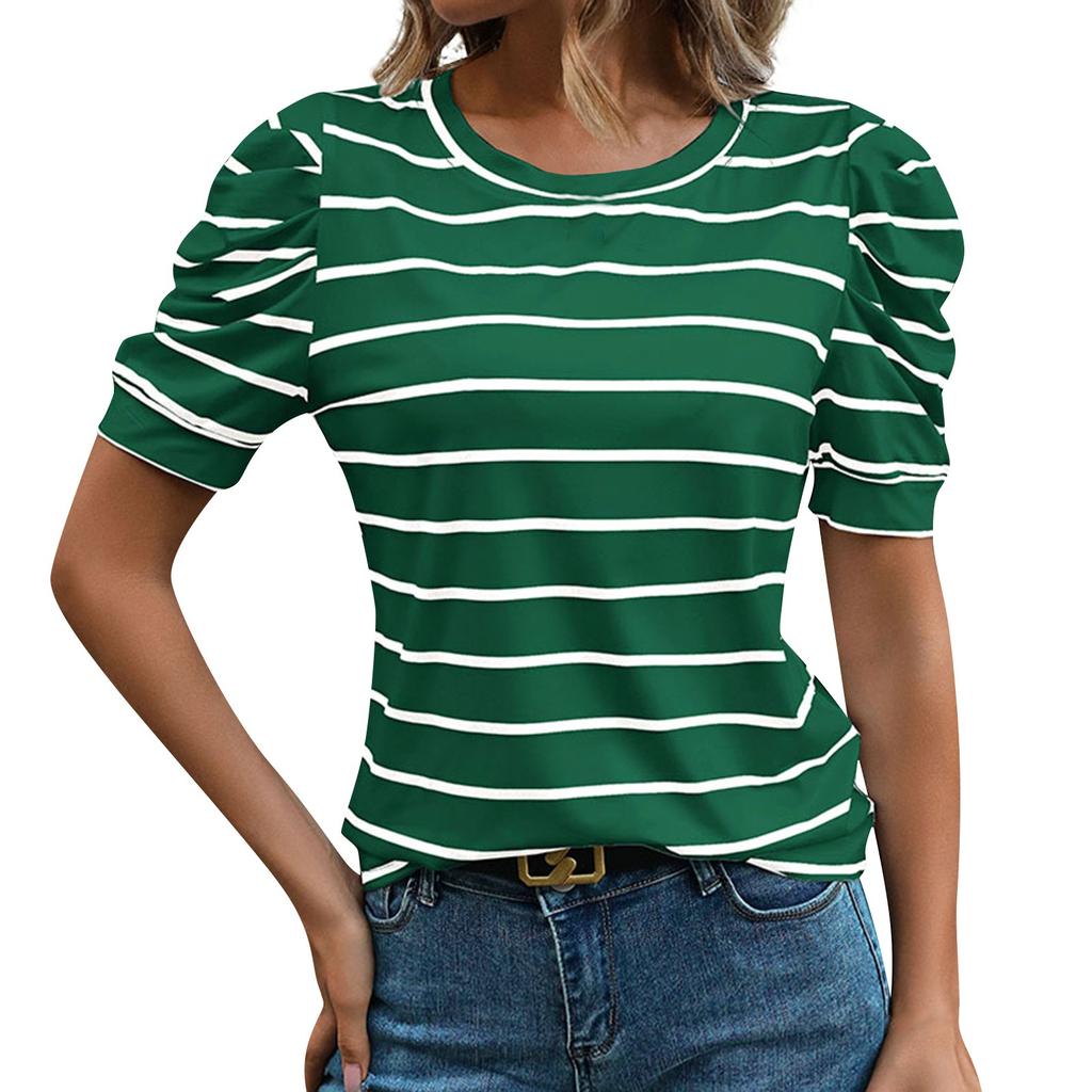 Women's Fashion Striped Leg Of Mutton Short Sleeve Casual T-Shirt