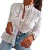 Spring Autumn Sweet Lace Stitching Women Shirt Loose Casual Office Blouse Long Sleeve Stand Collar Elegant Sexy Hollow Out Crochet Top Simple Clothes
