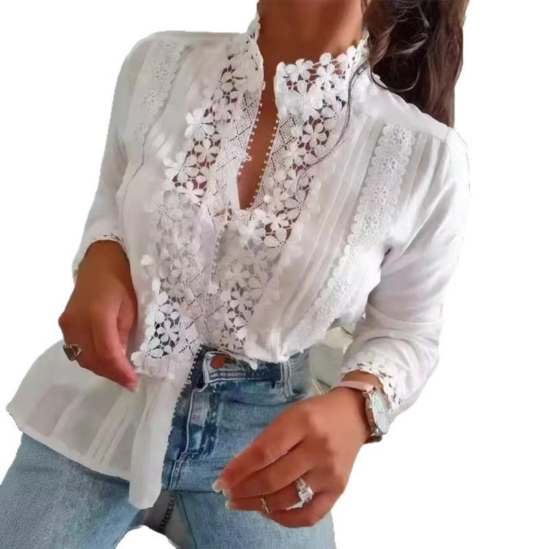 Spring Autumn Sweet Lace Stitching Women Shirt Loose Casual Office Blouse Long Sleeve Stand Collar Elegant Sexy Hollow Out Crochet Top Simple Clothes