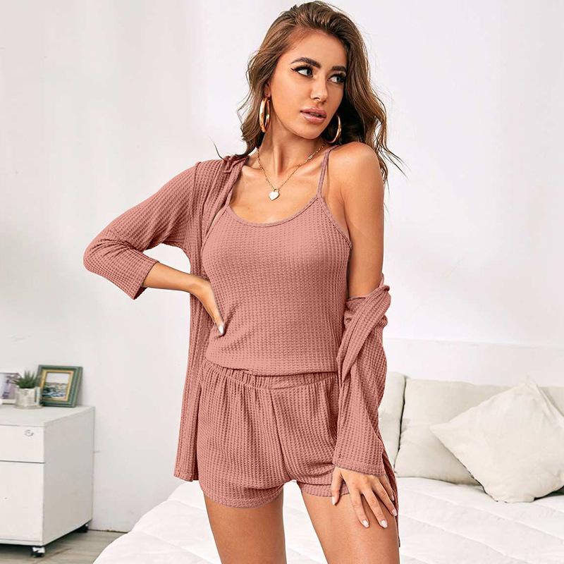 Ladies Three-Piece Homewear Pajamas Women's Suspenders Shorts Outer Robe Bathrobe Leisure Pajamas Set Homewear Set
