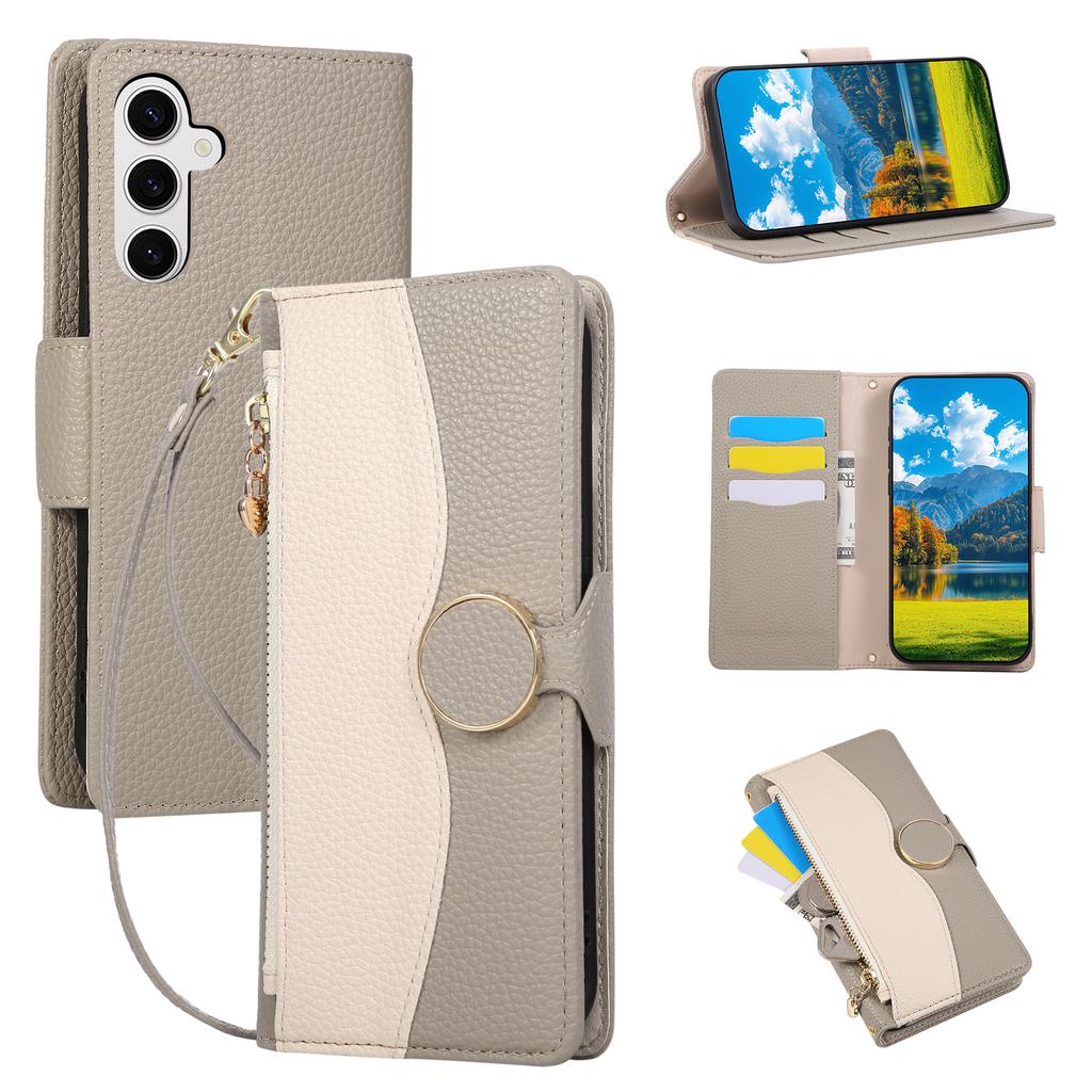 For Samsung Galaxy S25 FE Case Zipper Wallet Color Splicing TPU PU Leather Flip Phone Cover with Strap