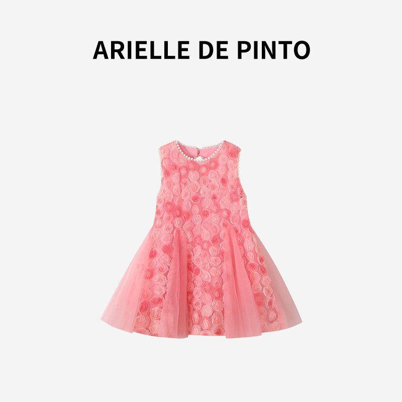 French Arielle De Pinto Girls  Dress Summer Fashion Sweet Hollow-Out Floral Dress Pink 90