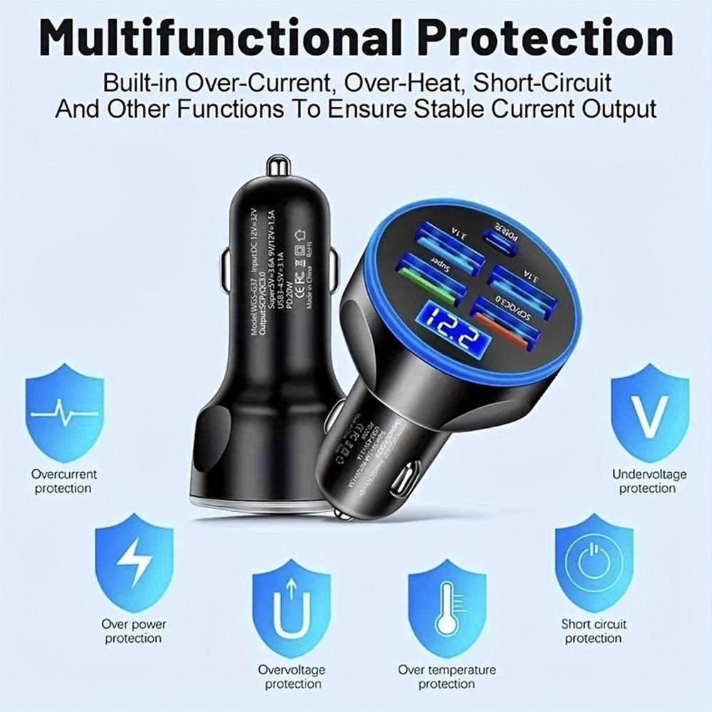 250W 5 Ports USB C Car Charger Fast Charging  Auto Phone Adapter in Car with Voltage Display For iPhone Samsung Huawei Xiaomi