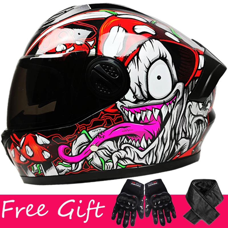 Gloves + Scarf, Double Lens Full-coverage Helmet for Men and Women Riding Four-season Safety Helmet