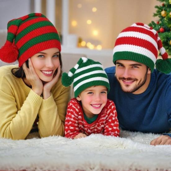 Santa Hat Red White Green Striped Print Knitted Christmas Hat with Plush Ball Decor Holiday Accessory