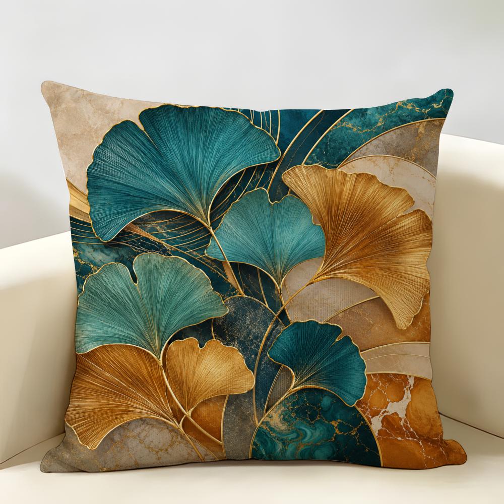 Luxus Goldfolie Türkis Ginkgoblatt Kissenbezug Langlebig Hypoallergen Bio-Leinen Kissenbezug Waschbar 30cmx30cm(12x12Inch) black
