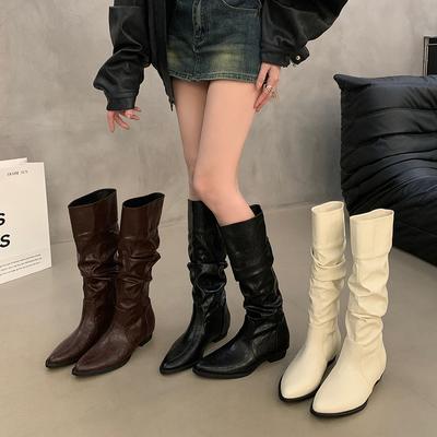 Hiver Plissées Femmes Bottes Hautes au Genou Mode À Enfiler Bottines Modernes Longues Décontractées Talons Bas Carrés Chaussures