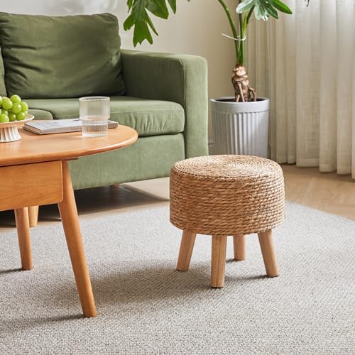 YMYNY Ottoman Stool, Footstool, Handwoven Natural Seagrass, Pastoral Style, with Padded Footrest, Non-Slip, Pine Legs, Wooden Sofa Stool, Suitable for