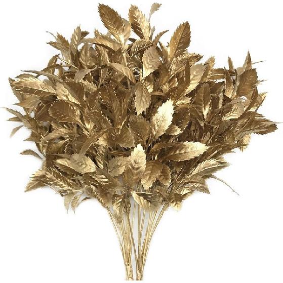 PASYOU Fake Leaves Plants for Christmas Decor, Gold Artificial Shrubs Grass Foliage Plastic Bulk Leaf Indoor Outdoor Home Garden Party Hotel Verandah