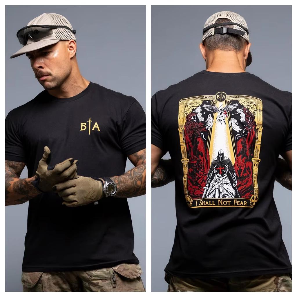 Vintage Tarot Border Red Gold Black Templar Knight Graphic T Shirt Double Chest Back Bta Cross Sword Letter Logo