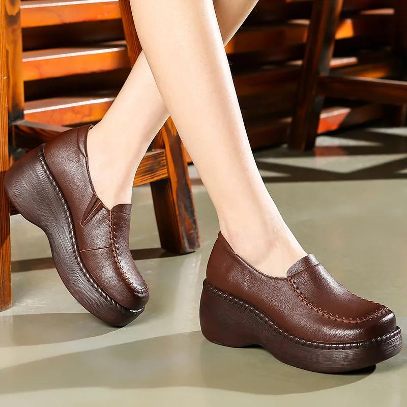 New Spring Women Loafers Genuine Cow Leather Slip-On Platform Casual Shoes Women Wedges Heel Retro Style Handmade Shoes