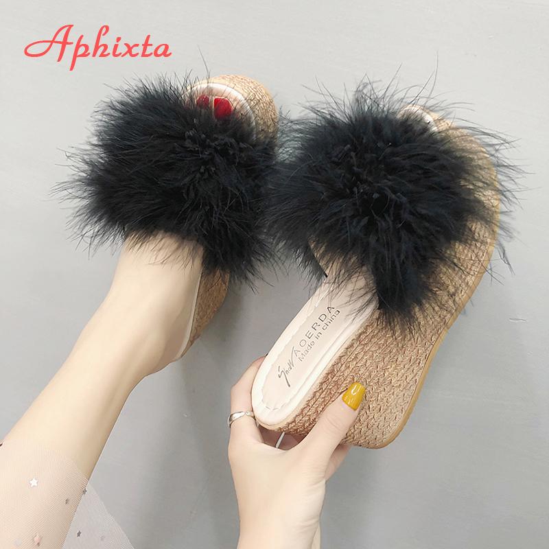 Fashion Aphixta Furry Green Wedge Platform Slides Women's Shoes 9cm Slippers Flip Flops Heels Shoes Beach Sandals Plus Size 43