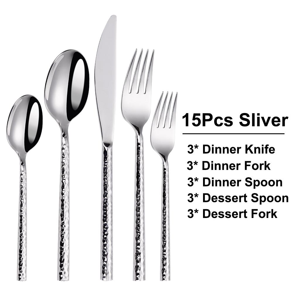 6/12/15Pcs Sliver Heavy Cutlery Stainless Steel 304 Tableware Western Dinner Set Mirror Hammer Pattern Handle Knife Fork Spoon