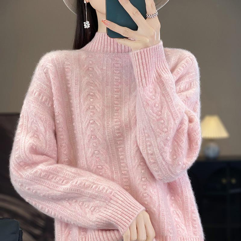 2026 Autumn/Winter Women's Cozy High Neck Knit Sweater - Solid Color, Loose, Warm Pullover