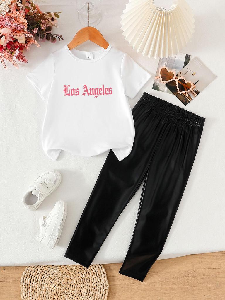 Summer Girls' Fashionable Two-Piece Clothing Set: Short Sleeve Top & Printed Long Pants