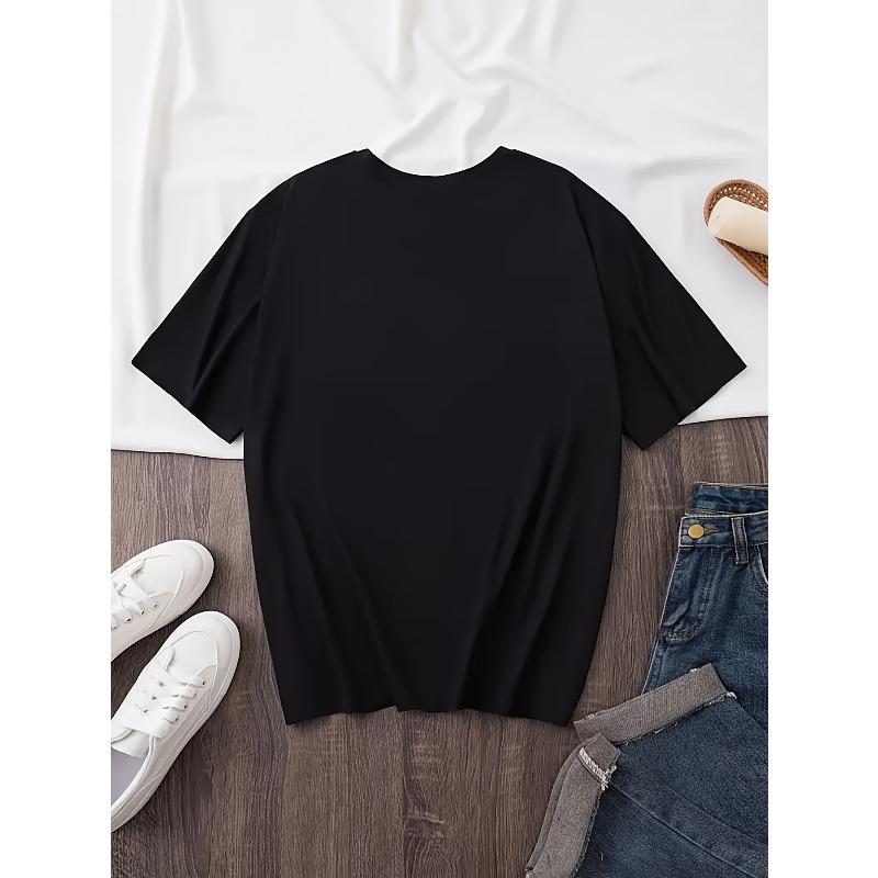 Women'S Plus Size Black T-Shirt with Pink & Blue Floral Butterfly Design - Casual Crew Neck, Short Sleeve