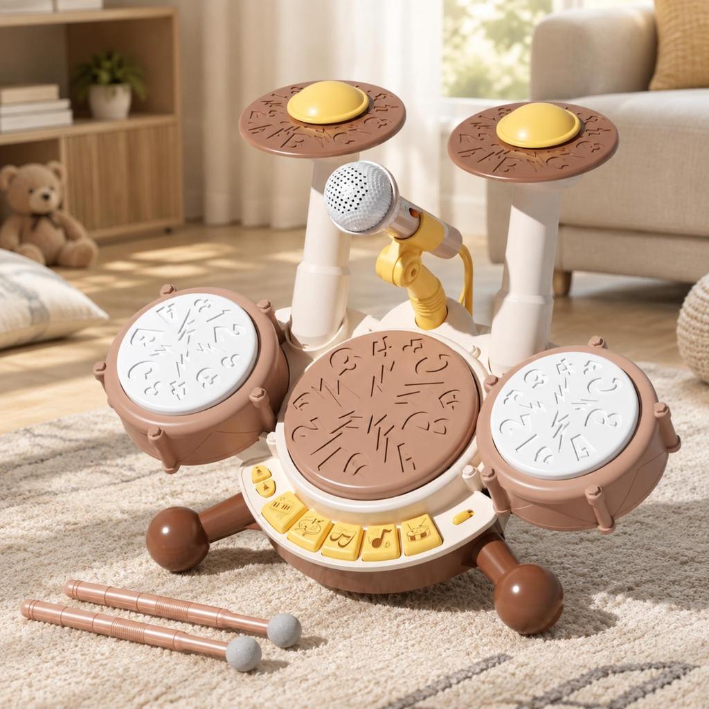 Children's Multi-Drum Musical Toy Soft Mallets Drum Station with Voice Pick-Up