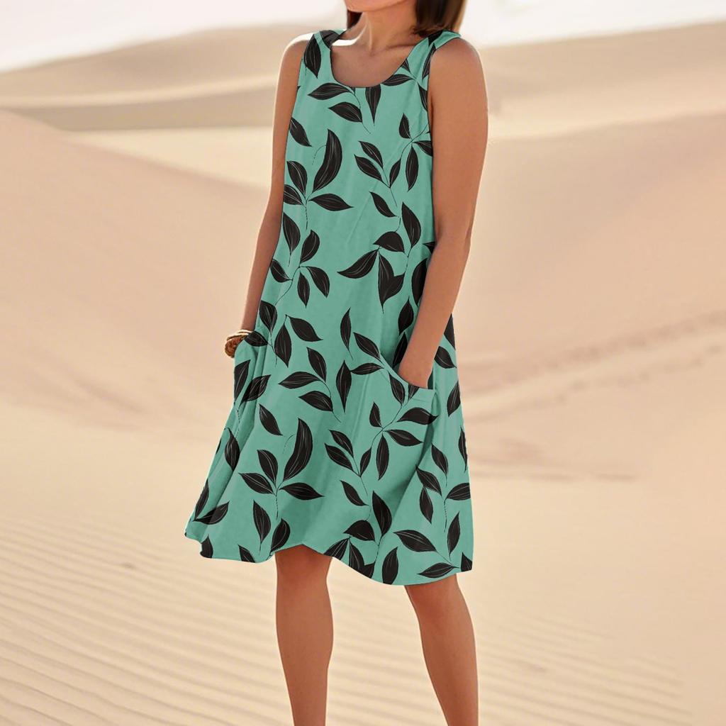 Women's Casual Summer Floral Print Sleeveless Pocket Dress