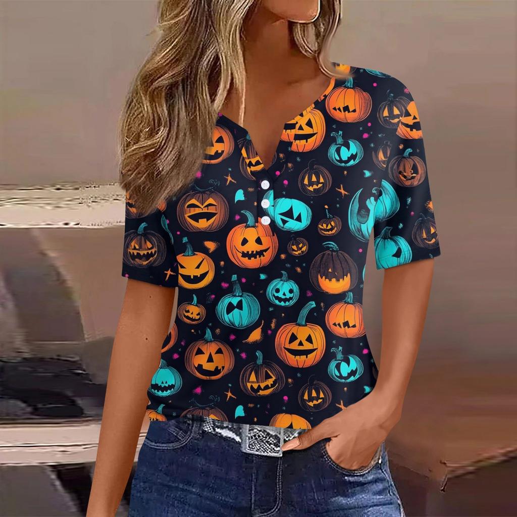 Women's T Shirt Tee Halloween Printed Button Short Sleeve Tunic Daily Weekend Fashion Basic V- Neck Regular Top