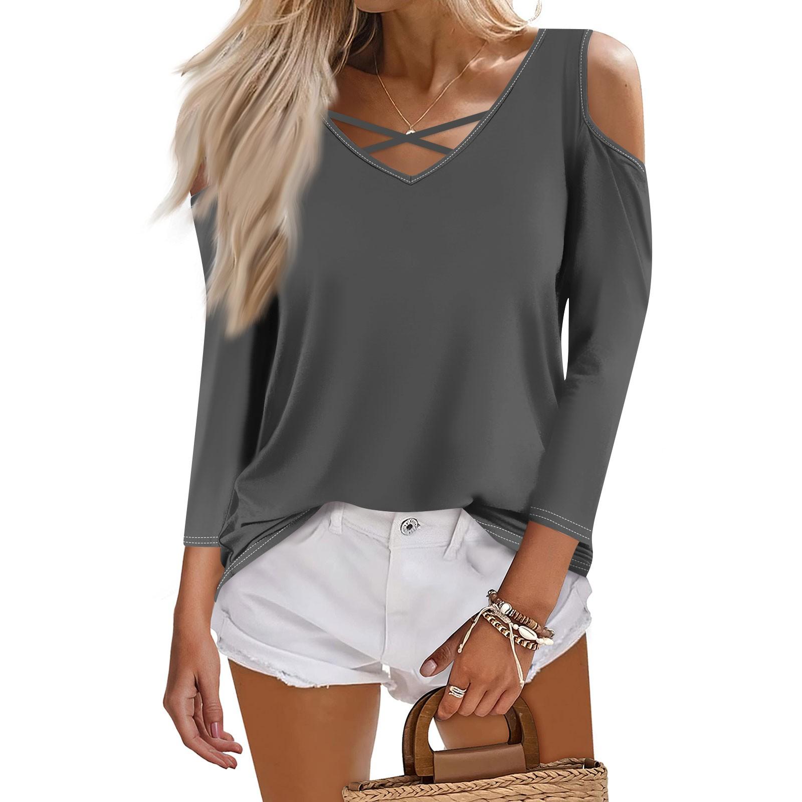 

Женская летняя модная повседневная однотонная футболка с v-образным вырезом и принтом без бретелек с семью рукавами, топ XXXL