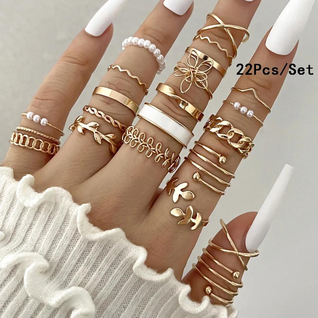 28Pcs Fashion Geometric Knuckle Rings Set For Women Crystal Heart Gold Silver Color Rings Girls  Party Jewelry Accessories