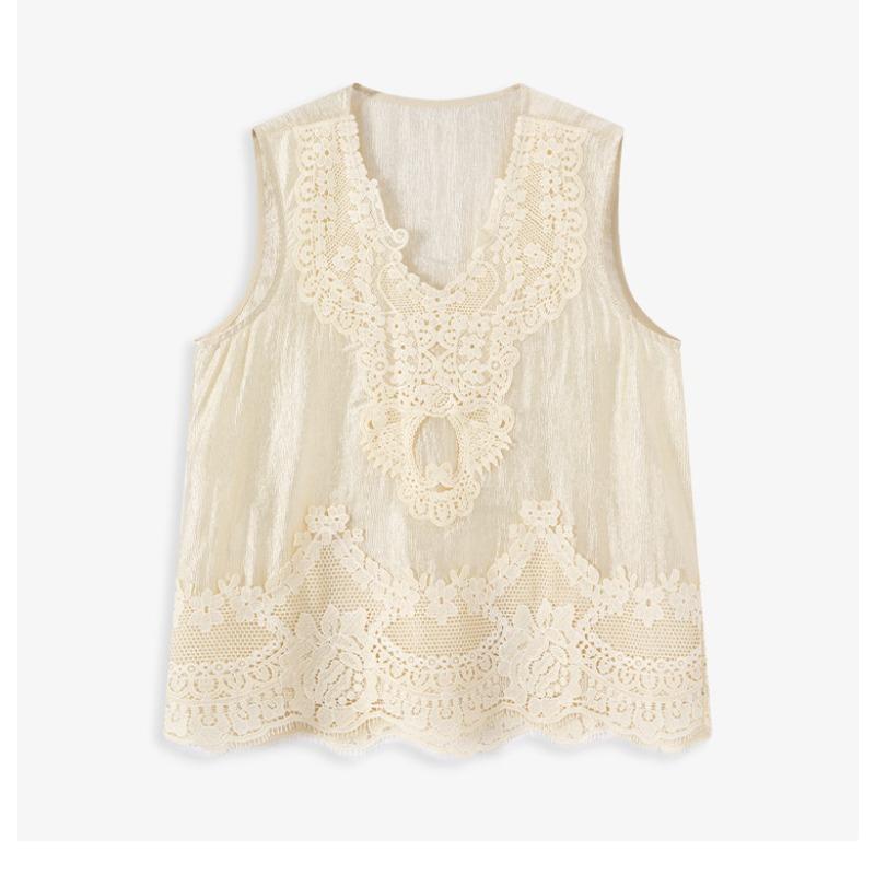 DIMANAF 2026 Neues Weste-T-Shirt Damen Spitze Rundhalsausschnitt Ausgeschnitten Sommerstil Basic Tops T-Shirts Lockere Weste