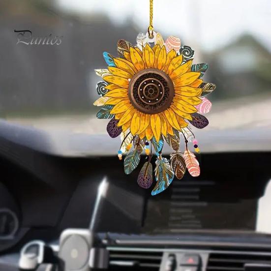 Sunflower Car Hanging Ornament Cute Retro Sunflower Car Interior Decoration Multi-Functional Car Rear View Mirror Charm Keychain
